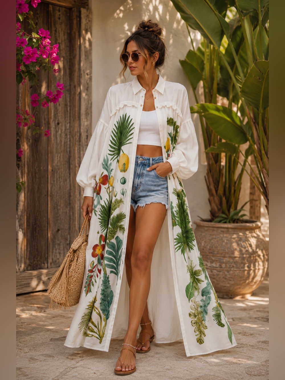 NWOT White Botanical Floral Kimono Collared Shirt Tropical One Size S–XL